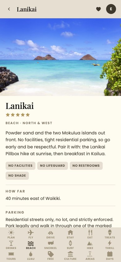 A beach page for Lanikai showing how far, parking, when to go and things to note