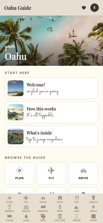 The guide's home screen with eighteen categories to browse