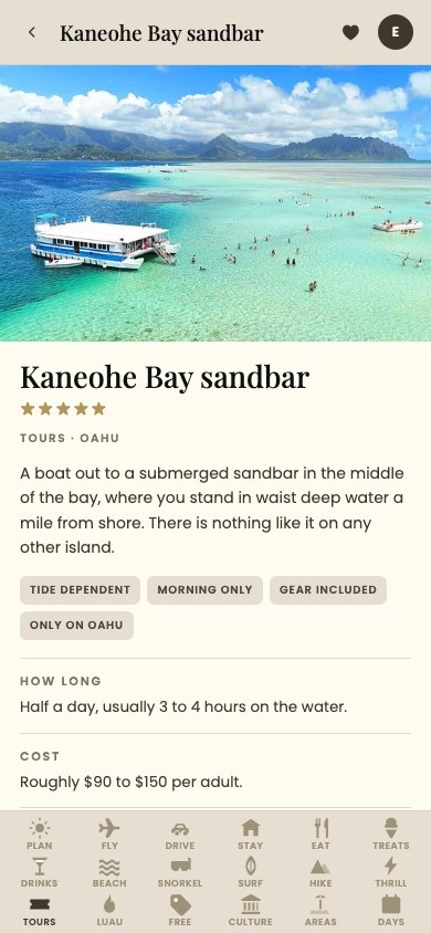 A tour page for the Kaneohe Bay sandbar showing how long, cost, when it runs and how to book