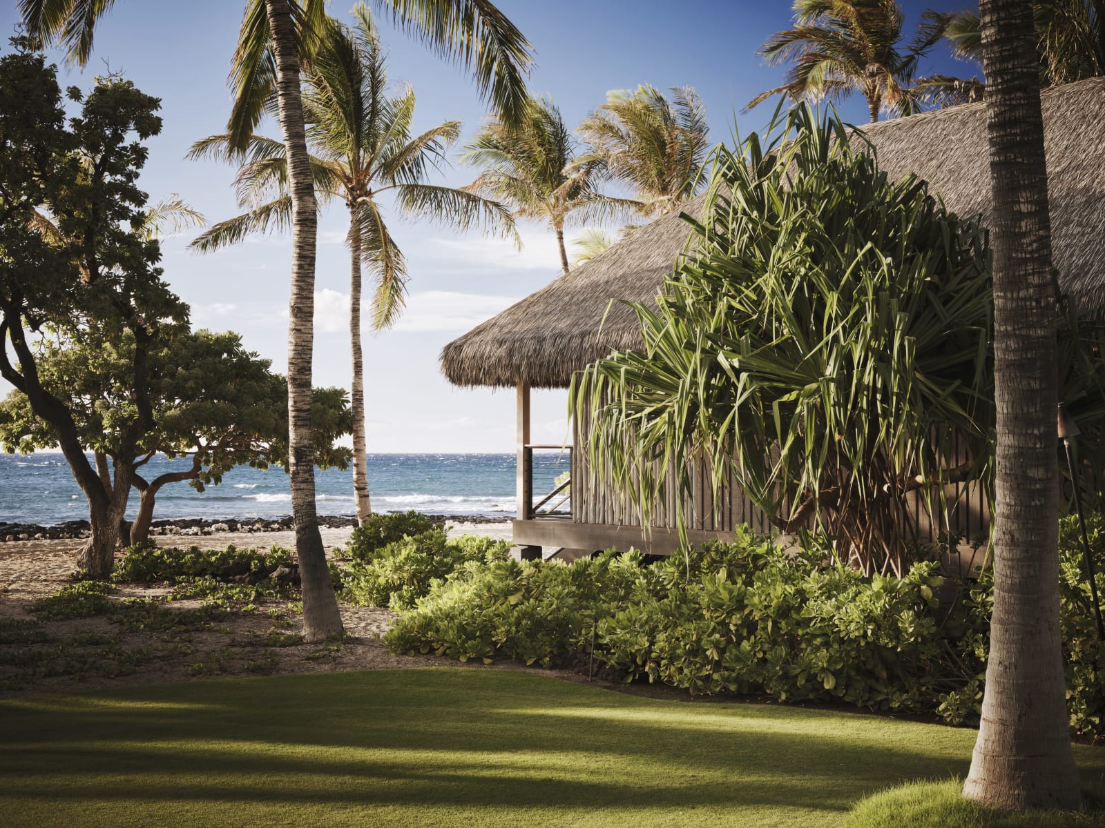 A thatched roof hale at Kona Village, framed by palms beside the water